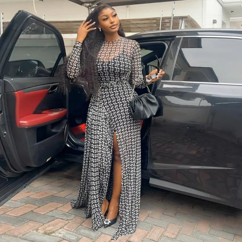 Vintage Printed Sexy See Through Mesh Women Dress Long Sleeve O Neck Slim Waist Big Hem Long Maxi Dress