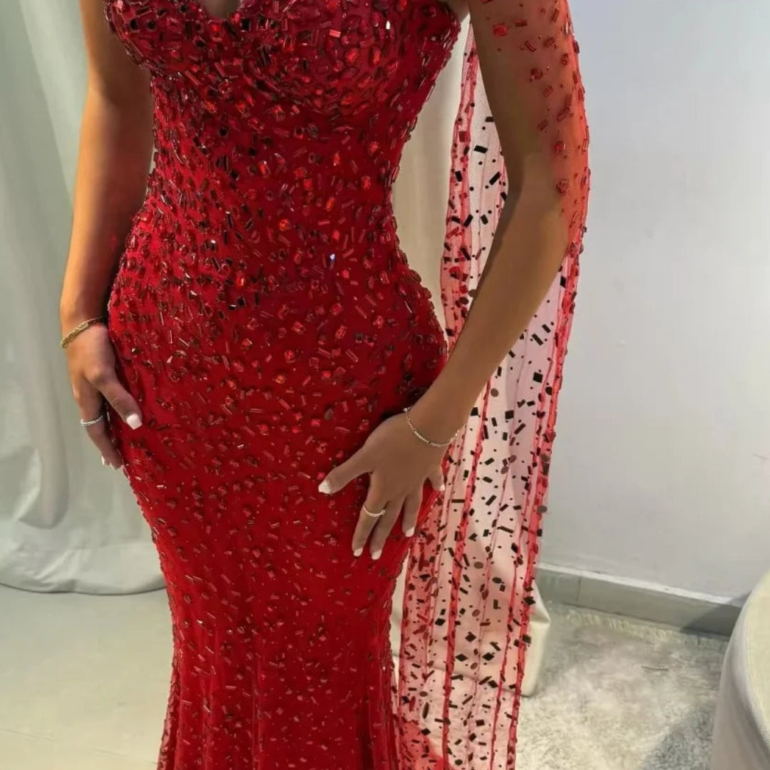 Luxurious Off-Shoulder Prom Dress | Elegant Sweetheart Lace Evening Gown | Classic Floor-Length Ball Dress with Fish-Tail Shawl | Premium Microfiber Sleeveless A-Line Gown with Built-in Bra Luxegan