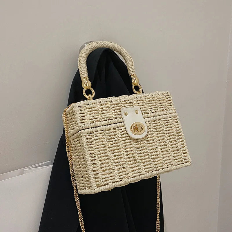 Hard Straw Woven Box Crossbody | Bohemian Chain Beach Bag Luxegan