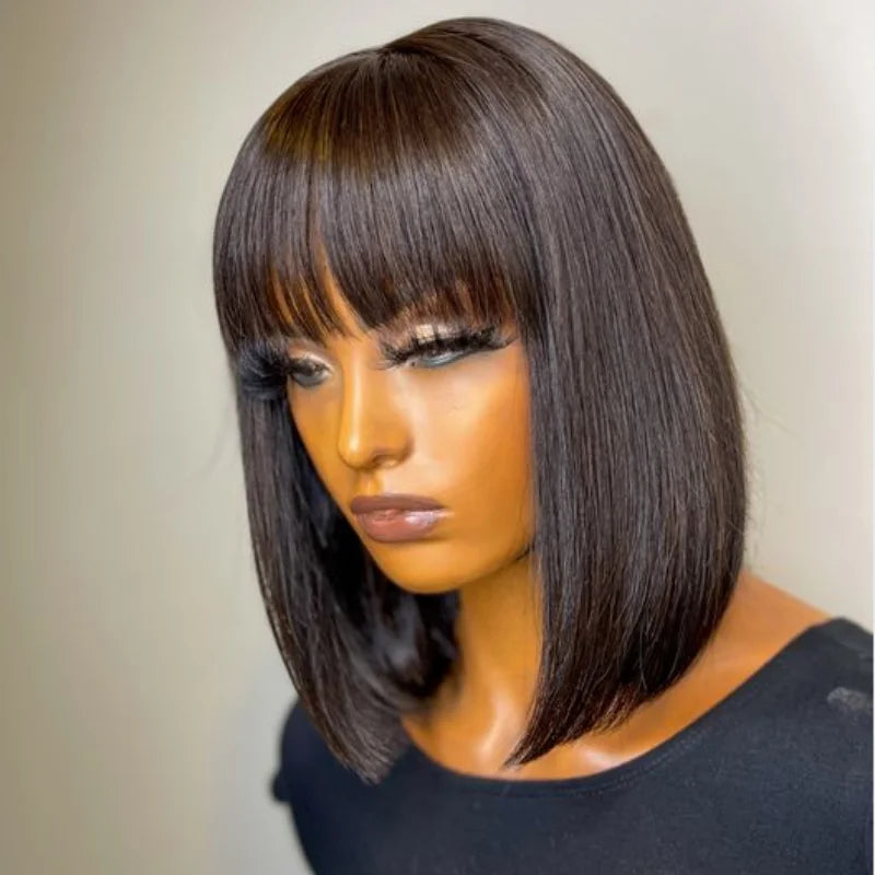 Sleek Bone Straight Short Bob Human Hair Wig with Bangs | Glueless Full Machine-Made Brazilian Remy Human Hair Wig | Classic Fringe Bob for Women (8-14 Inch, Natural Color / #99J Burgundy / Warm Brown) Luxegan