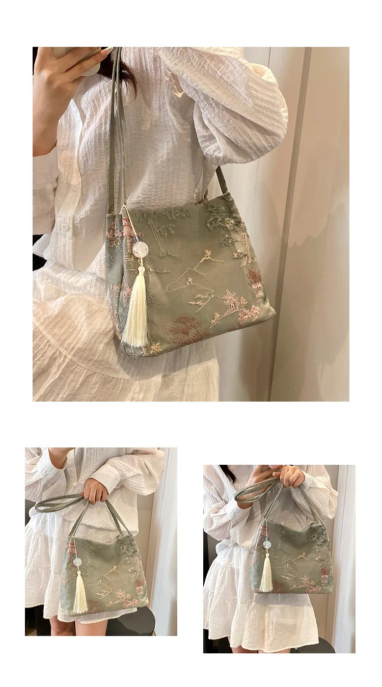 New Chinese Style Retro Silk Jacquard Bag | Sophisticated Minimalist Fashion Shoulder Bag | Elegant Single Strap Diagonal Crossbody | Luxury Silk Women’s Square Handbag with Smart Interior Luxegan
