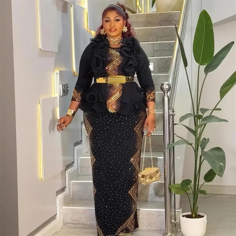 Dashiki African Maxi Dress | Elegant Sequin Party Evening Gown | Turkey African Luxury Birthday Prom Wedding Dress | Premium Embroidered Slim Fit Three-Quarter Sleeve Ankle-Length Robe Luxegan