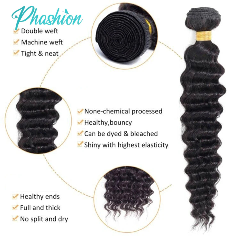 Phashion Deep Human Hair Bundles 1/3 Pcs/Lot 30 32 Inch 100% Remy Hair Extensions For Black Women Brazilian Weave Natural Color