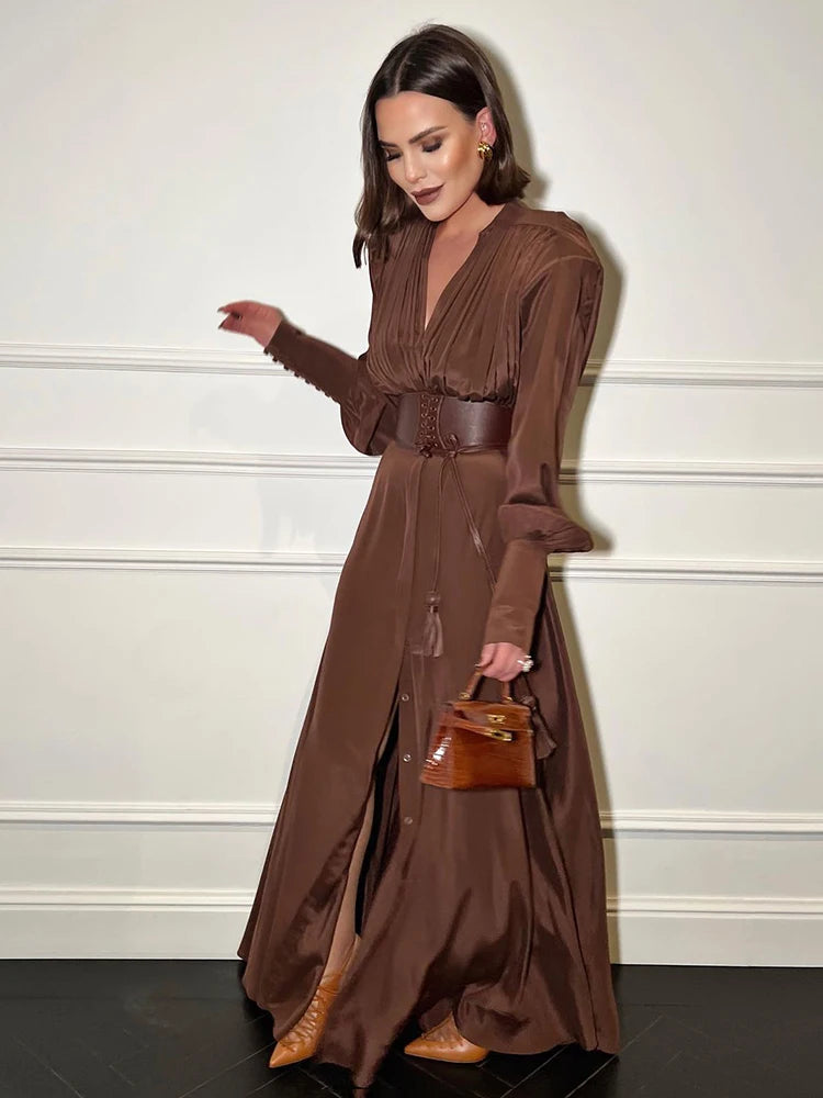 Solid V-Neck Full-Length Sleeve Sash Belt Slim Fit A-Line Ankle-Length Dress – Knitted Cotton-Polyester, Empire Waist, Summer Luxegan