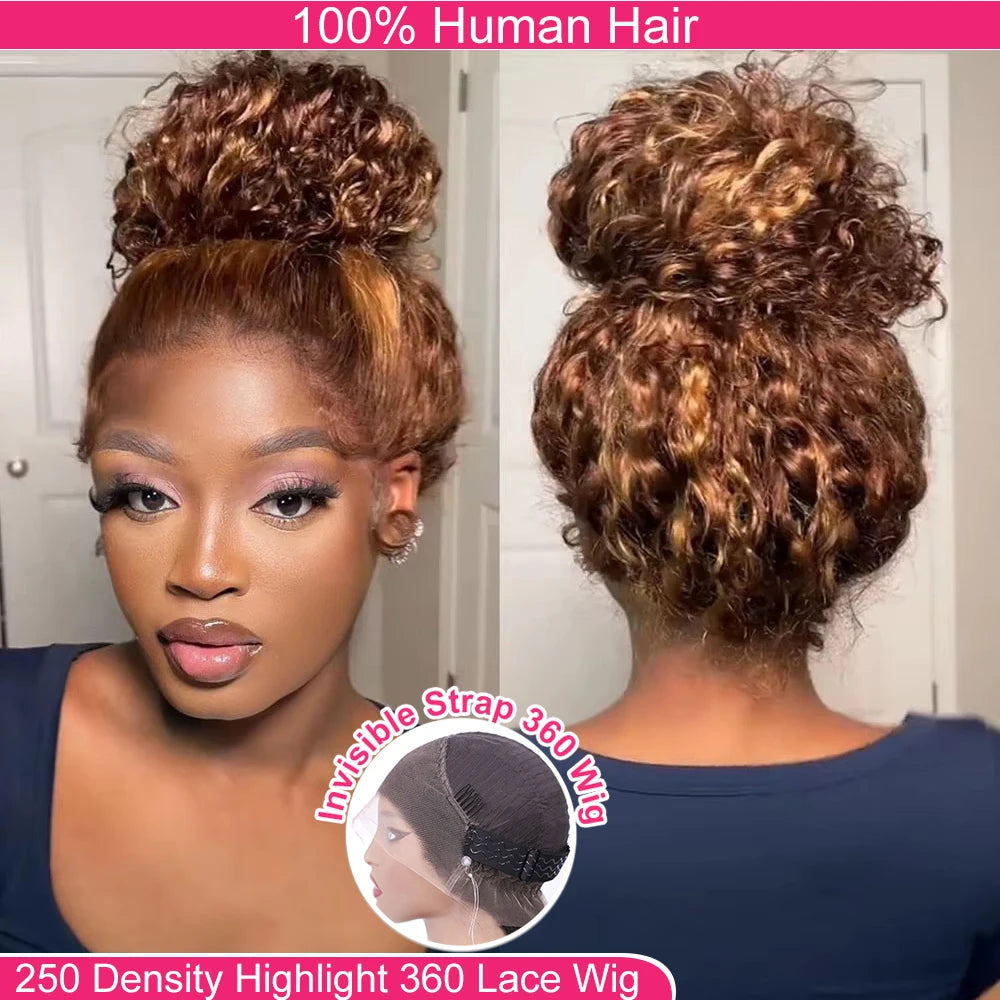 Highlight Invisi-Strap 360 Full Lace Wig | Sophisticated "Honey Blonde" Deep Curly Silhouette | Elegant 250% Density HD Lace Frontal | "Dignified" Brazilian Human Hair Highlight Wig for Radiant Versatile Styling Luxegan