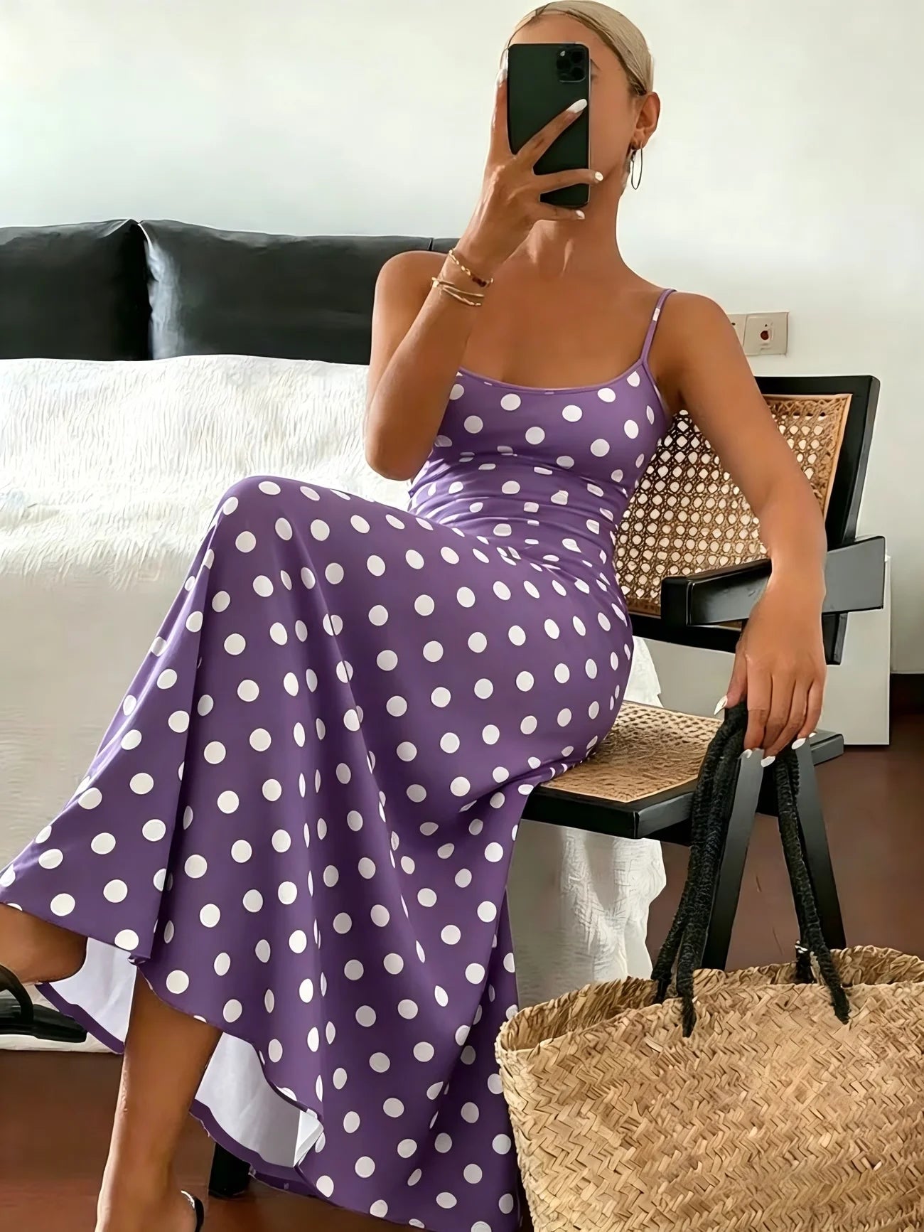 Polka Dot Asymmetric Maxi Dress | Sleeveless Slim Fit Elegant Casual Floor-Length Dress Luxegan