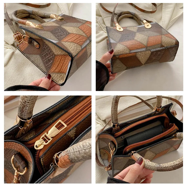 Fashion Patchwork PU Leather Top-Handle Bag | Trendy Square Design Ladies Handbag | Casual Daily Crossbody Shoulder Bag | Designer Applique Satchel for Women (Model E553) Luxegan