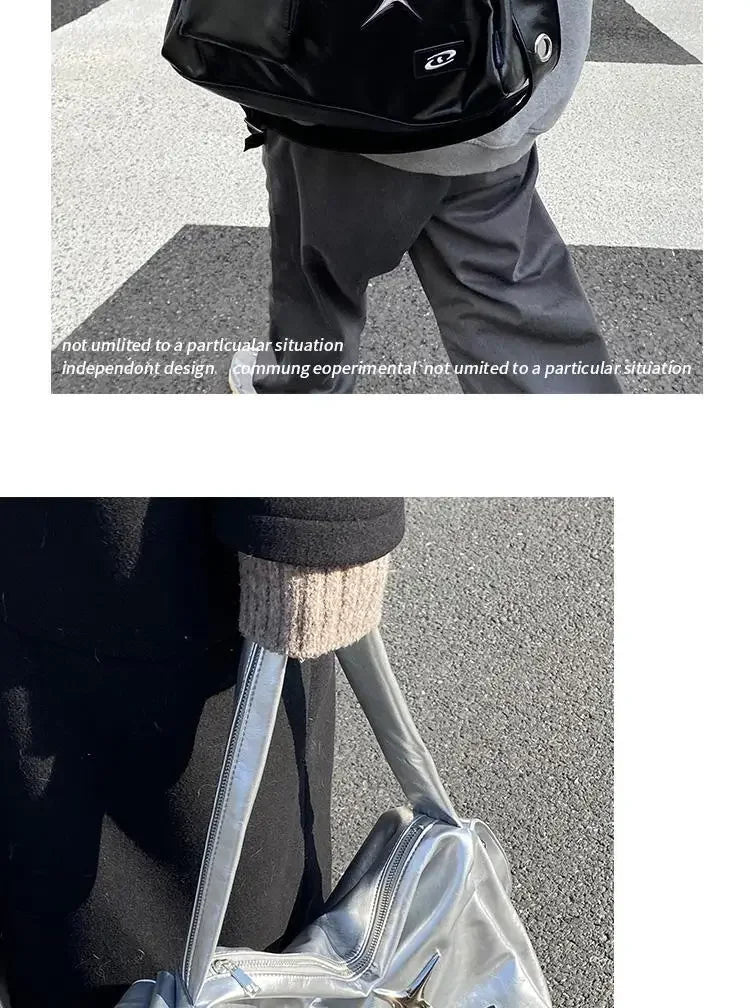 Silver Y2K Tote Bag for Women | Aesthetic Luxury Designer Large Capacity Shoulder Bag (Commuter PU Leather Shopper Handbag) Luxegan