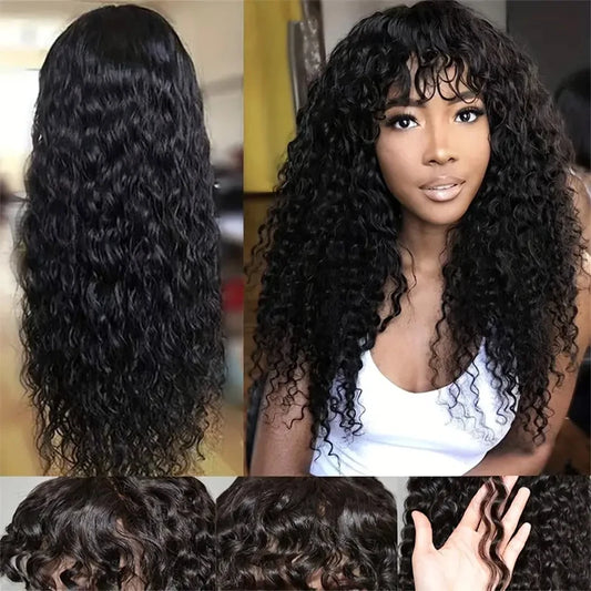 12A Grade Kinky Curly Human Hair Wig with Bangs | 100% Brazilian Virgin Human Hair Glueless Wig | Fully Machine-Made Water Wave & Jerry Curl Fringe Wig for Women Luxegan