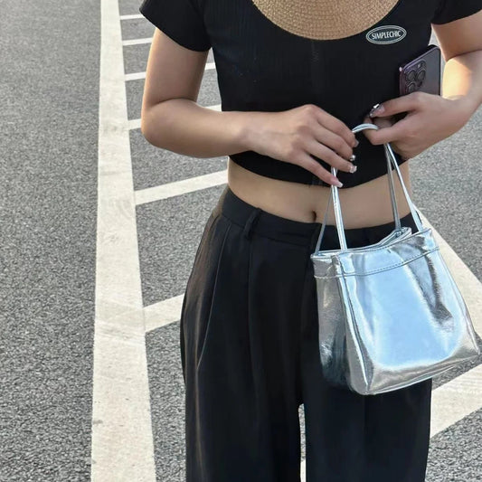 PU Leather Solid Bucket Bag | Soft Silver Fashionable Lunch Box Handbag Luxegan