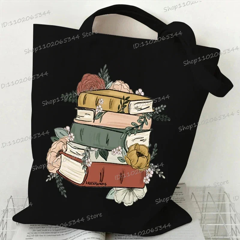 Books and Flower Print Canvas Tote | Casual Reusable Shopping Bag Luxegan