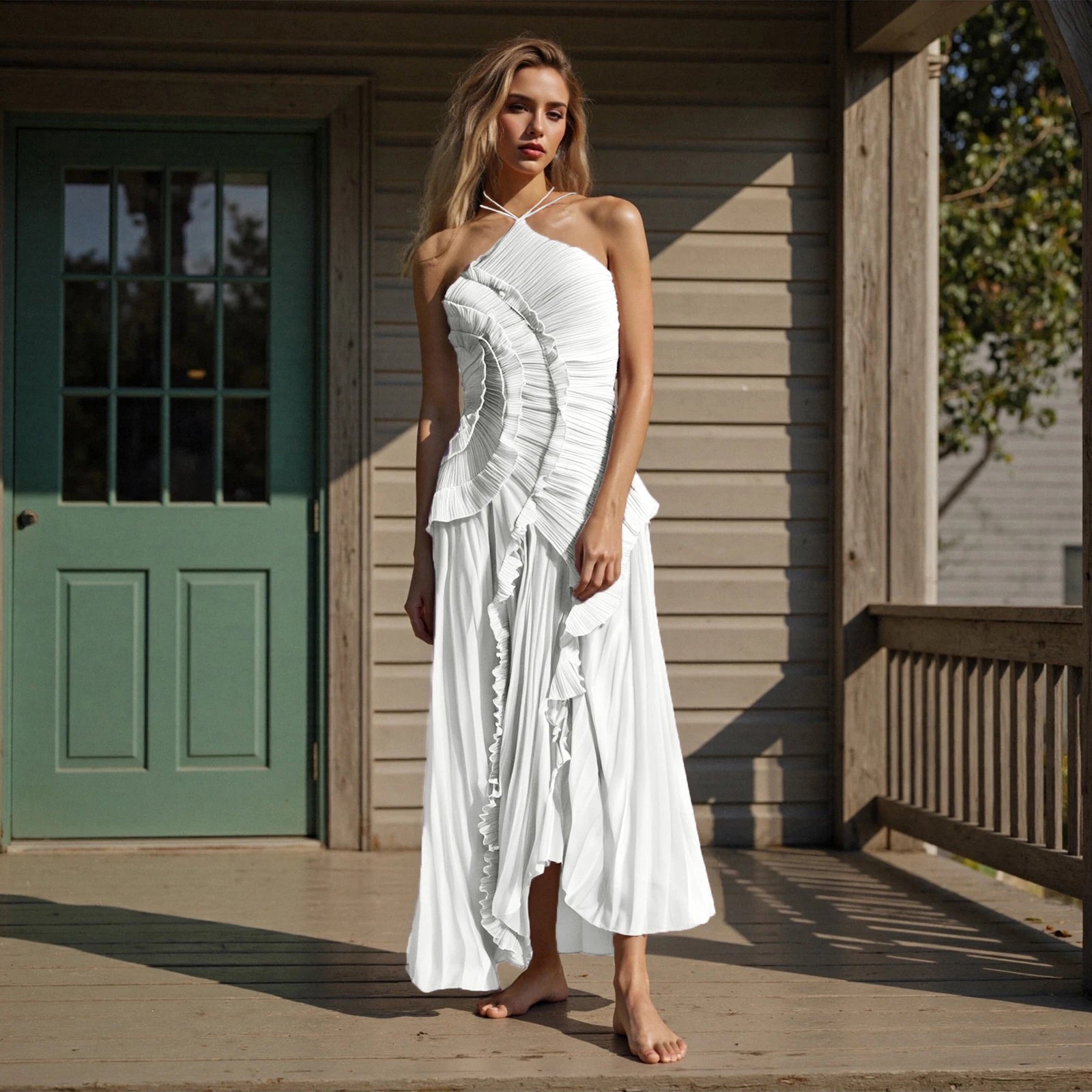 New Fashion Women's Ruffle Halter Maxi Dress | Summer Sleeveless Flowy Long Dress | Elegant Solid Color Loose A-Line Vestido | Trendy Y2K High-Waist Empire Regular Fit Ankle-Length Gown Luxegan