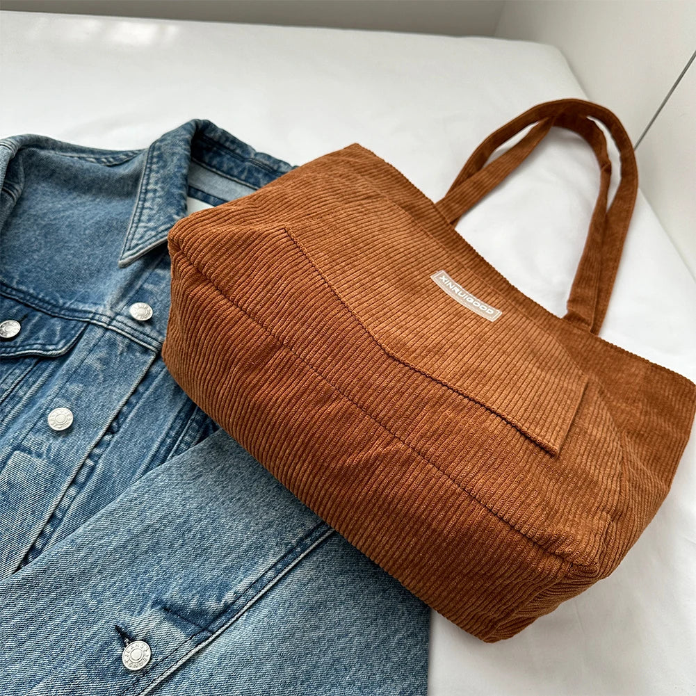 Corduroy Solid Casual Tote | Soft Trendy Large Capacity Shoulder Bag Luxegan