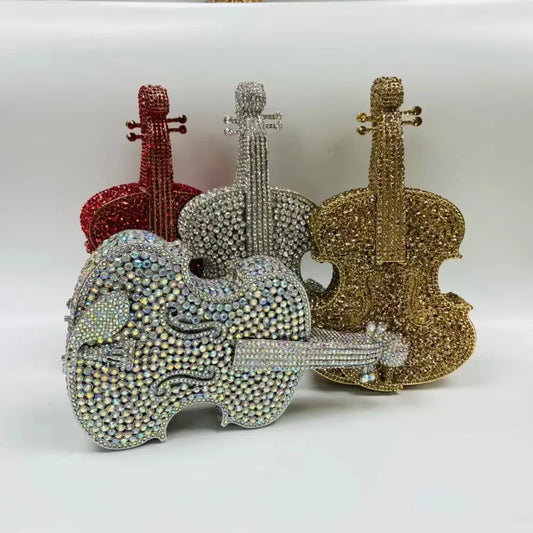 Luxury Violin-Shaped Crystal Evening Clutch | Sophisticated Rhinestone-Encrusted Dinner Purse | Elegant Bridal Handbag with Genuine Leather Lining | "Dignified" Structured Minaudière for High-Fashion Events Luxegan