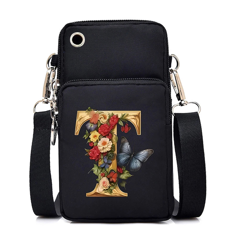 Women’s Small Crossbody Mobile Phone Bag | Sophisticated Vintage Flower & Alphabet Purse | Elegant Mini Messenger with Soft Leather Strap | Fashion-Forward Cartoon Applique Shoulder Bag (Model 858) Luxegan