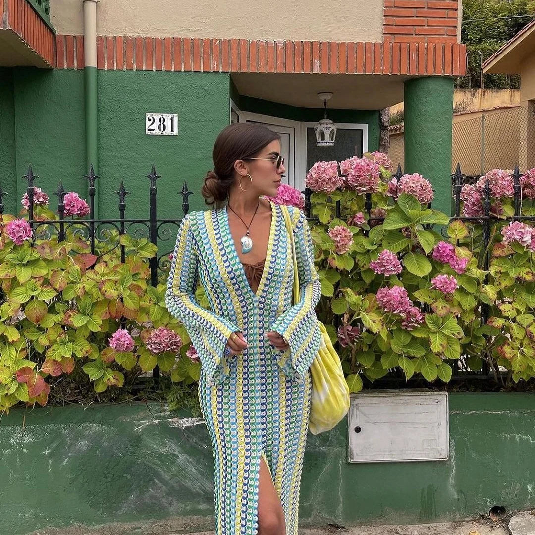 Crochet Hollow-Out Stripe Maxi Dress – Flare Sleeve, Deep V-Neck, Split Hem Luxegan