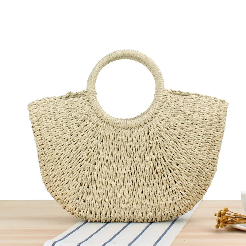 Summer Handmade Moon-Shaped Bag | Women's Woven Straw Bag & Top-Handle Tote Luxegan