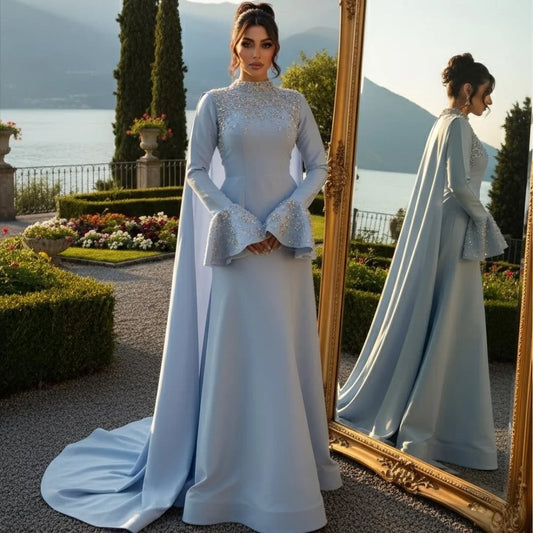 Elegant High-Collar Long Sleeve Jersey Evening Gown | Sophisticated "Crystal Ruched" Silhouette | Premium A-Line Prom Dress for Formal Evenings | Famous Brand Model wcy Simple Essential for Timeless Styling Luxegan