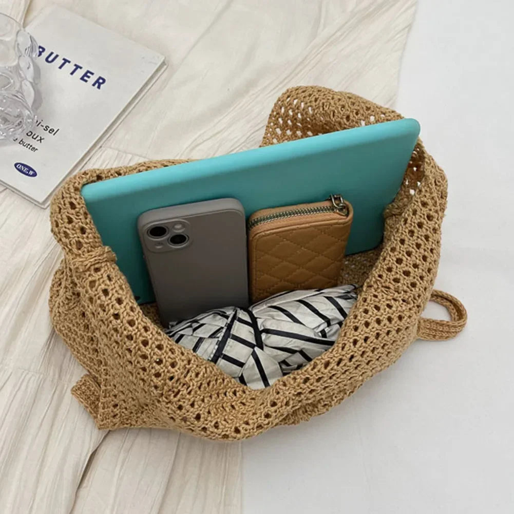Fashionable Women’s Open-Weave Shoulder Bag | Large Capacity Knitted Underarm Bag | Minimalist Crochet Handbag | Summer Mesh Beach Bag for Vacation & Leisure Luxegan