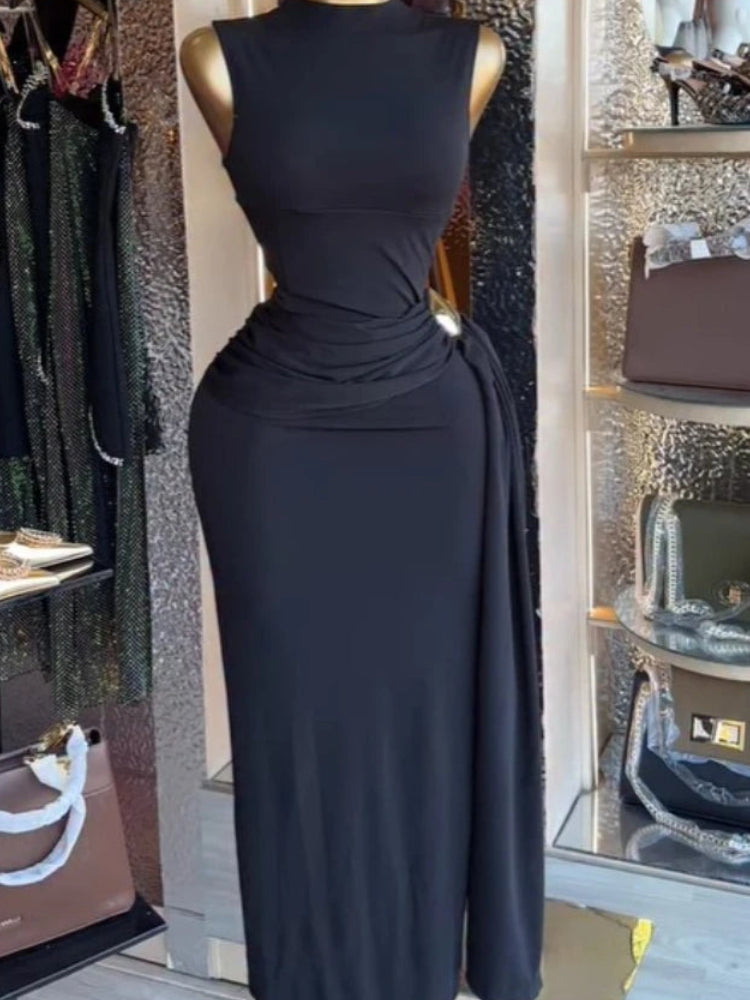 Women's Sleeveless Stacked Ruched Side-Up Dress | Sexy O-Neck Cocktail Evening Party Gown | Trendy Birthday Club Bodycon Maxi Dress | Premium Medium Stretch Brocade Empire Waist Pencil Vestido Luxegan 