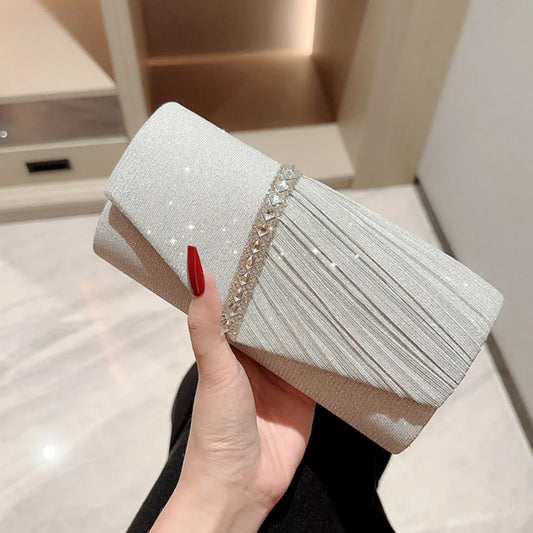 Ladies' Glitter Silver Clutch Bag | Envelope Evening Bag, Fashion Elegant Long Purse & Women's Chain Shoulder Bag (Wedding & Party Handbag) Luxegan