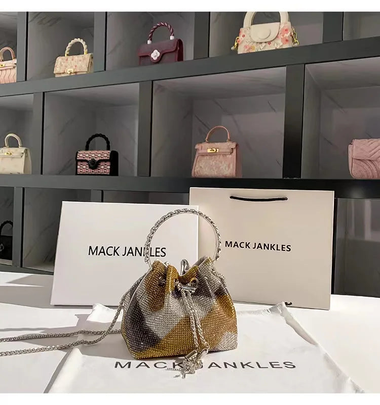 Fashion Metal Ring Handle Bucket Bag | Glitter Shiny Diamond Evening Purse | Luxury Rhinestone Wedding Party Clutch & Crossbody Bag (Model SHRF38) Luxegan