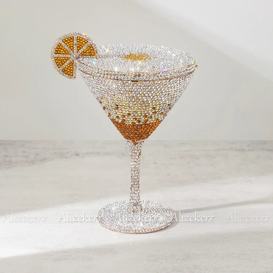 Gorgeous Goblet-Shaped Crystal Evening Bag | Sophisticated Sparkling Diamond Lemon Purse | Elegant Metal Party Handbag | "Dignified" Hard-Shell Metallic Minaudière for High-Fashion Weddings Luxegan