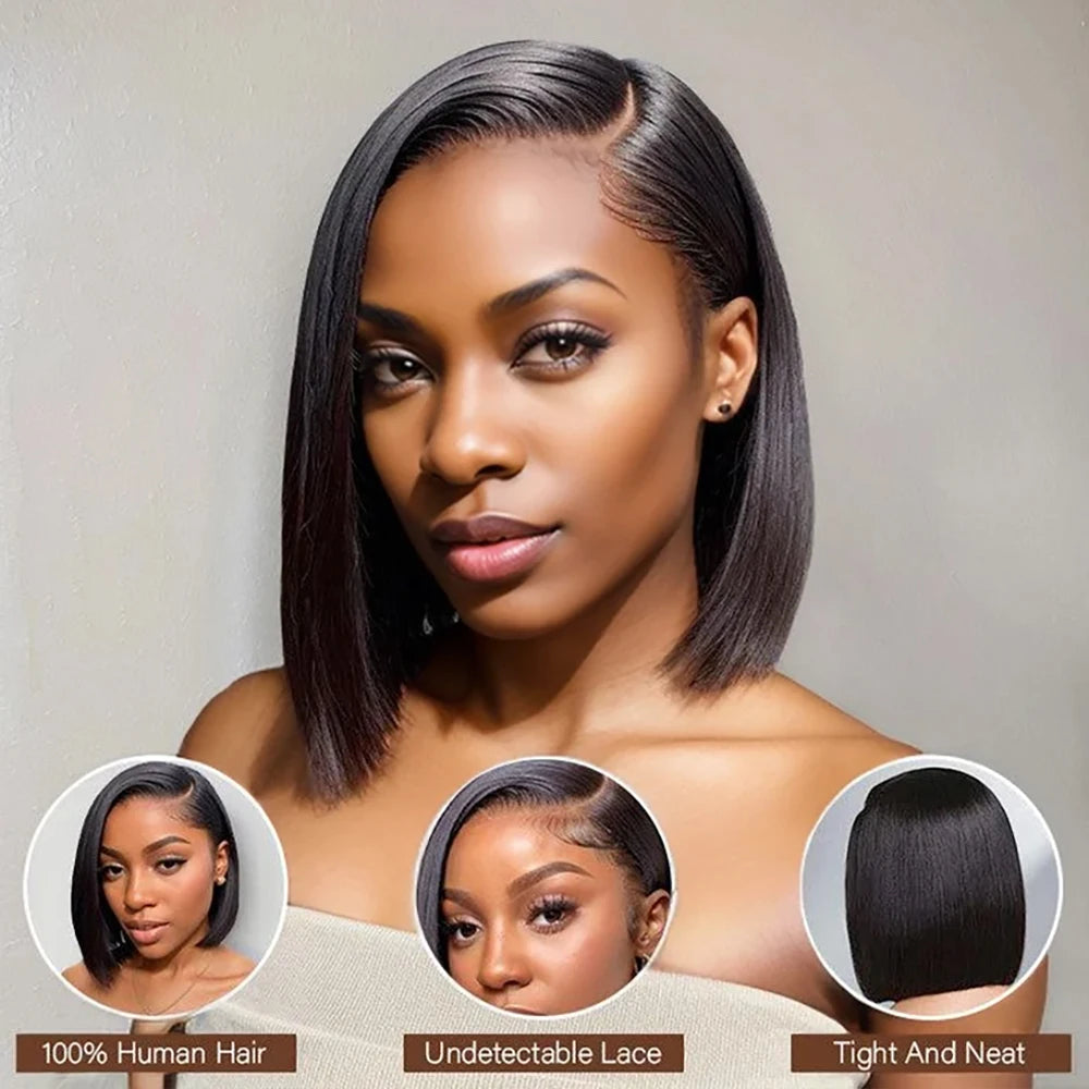 Sleek Bone Straight Glueless 4x6 HD Transparent Lace Bob Wig | 200% Density Pre-Plucked & Pre-Cut Swiss Lace Wig | 100% Brazilian Remy Human Hair Wear-and-Go Bob for Women Luxegan