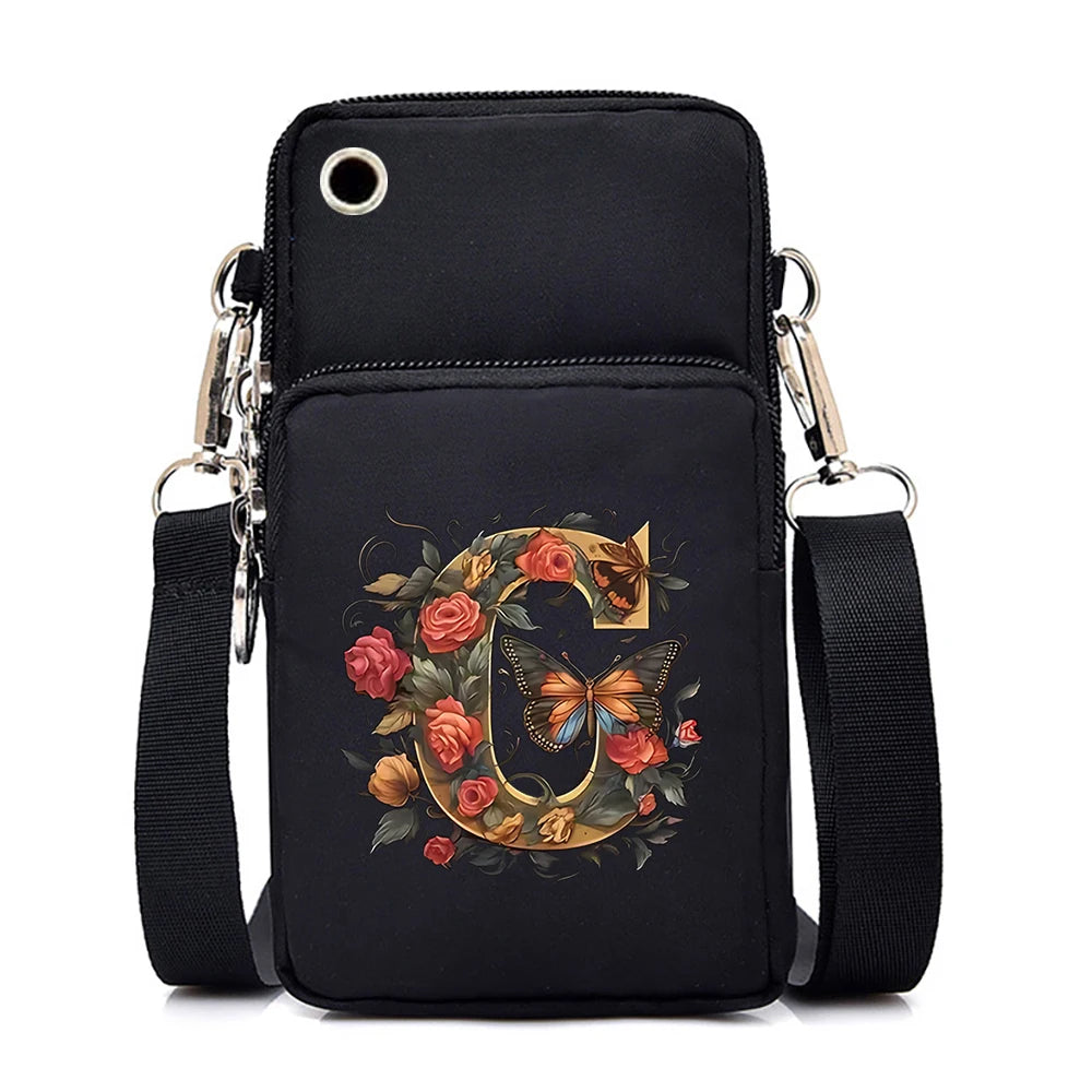Women’s Small Crossbody Mobile Phone Bag | Sophisticated Vintage Flower & Alphabet Purse | Elegant Mini Messenger with Soft Leather Strap | Fashion-Forward Cartoon Applique Shoulder Bag (Model 858) Luxegan