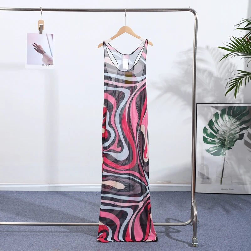 Print O-Neck Sleeveless Slim Fit Straight Midi Dress – Natural Waist, Cotton Blend, Spring/Summer Luxegan