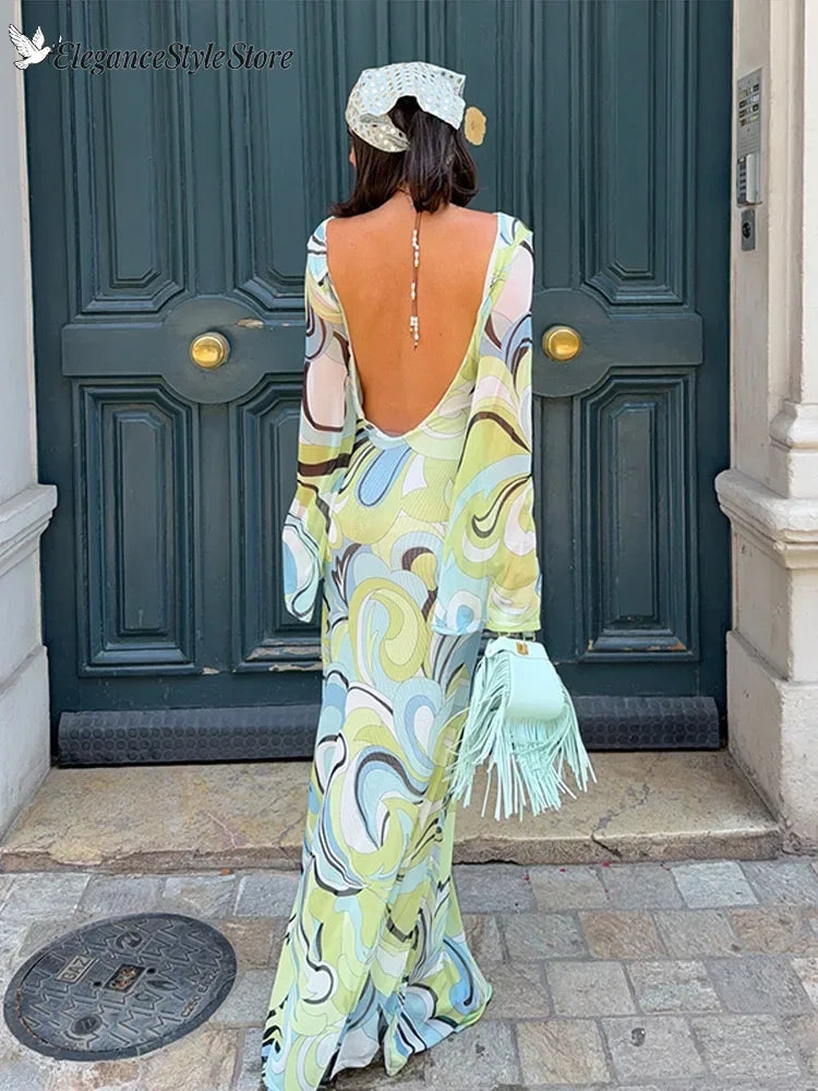 Print O-Neck Long Sleeve Slim Straight Ankle-Length Dress – Polyester, Natural Waist, Summer Luxegan
