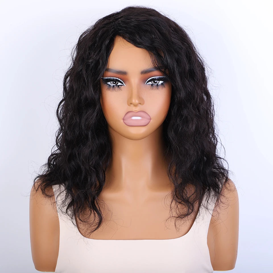 Glueless Short Curly Bob Wig with Fringe Bangs | Honey Brown Mixed Blonde Highlight Water Wave Wig | 100% Brazilian Remy Human Hair Side-Part Pre-Plucked Fluffy Curly Wig for Women Luxegan