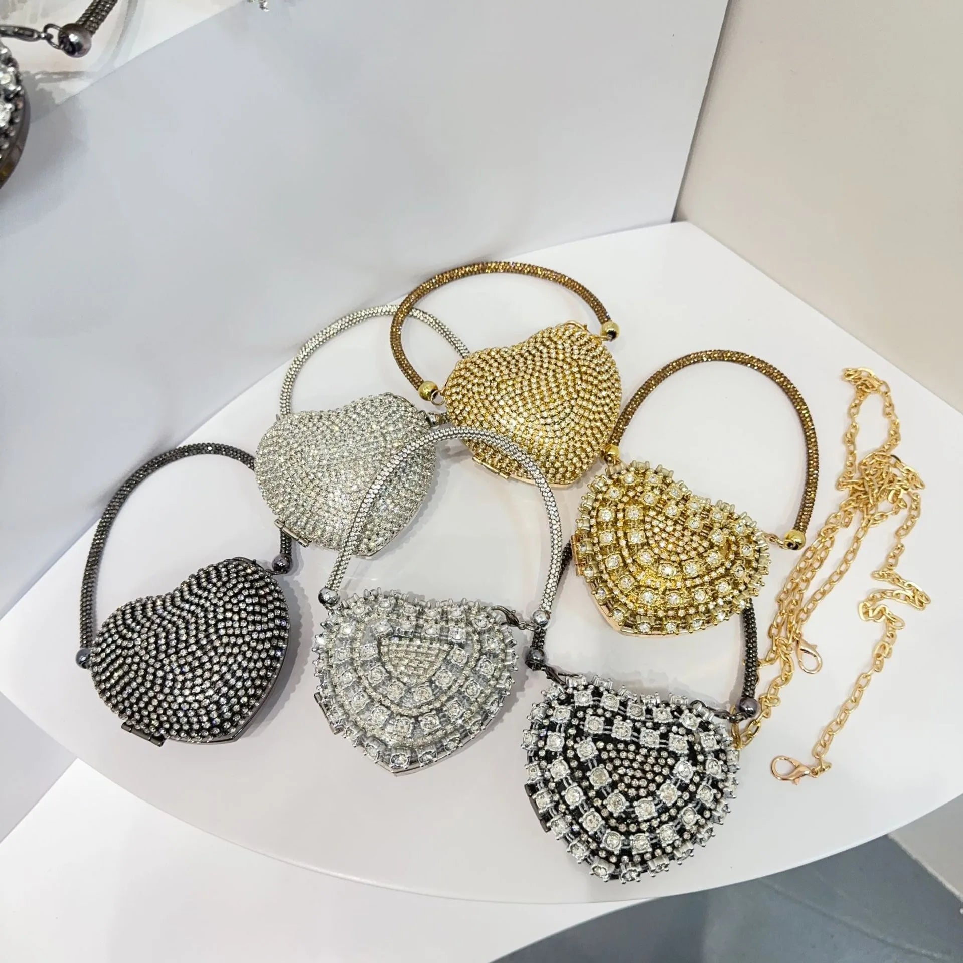 Luxury Mini Heart-Shape Crystal Clutch | Hard Diamond Inlay Evening Party Handbag - view 3