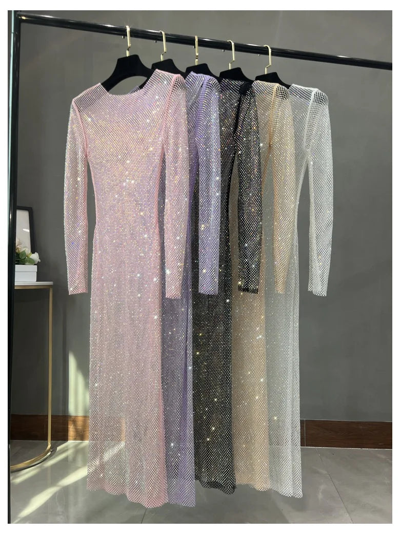 Long Sleeve Rhinestone Diamond Hollow-Out Sheath Maxi Dress | Sexy Club Glam Floor-Length Gown Luxegan