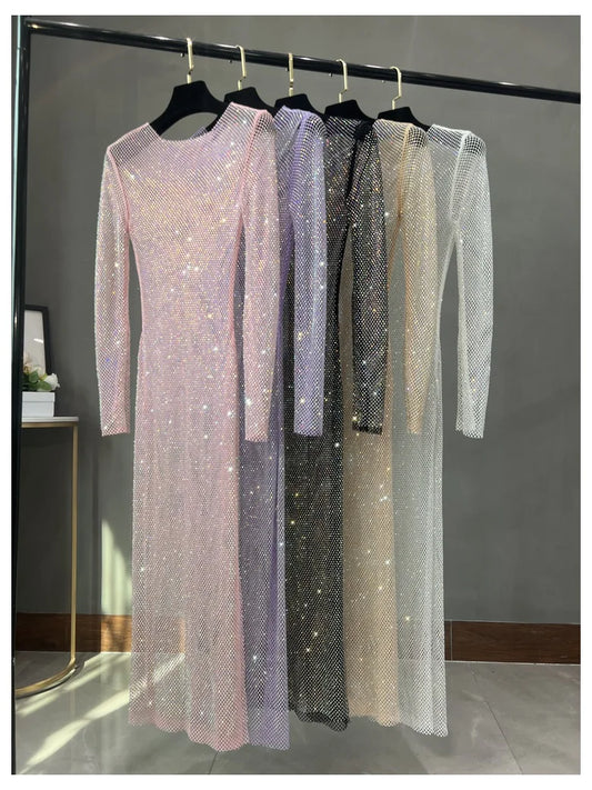 Long Sleeve Rhinestone Diamond Hollow-Out Sheath Maxi Dress | Sexy Club Glam Floor-Length Gown Luxegan