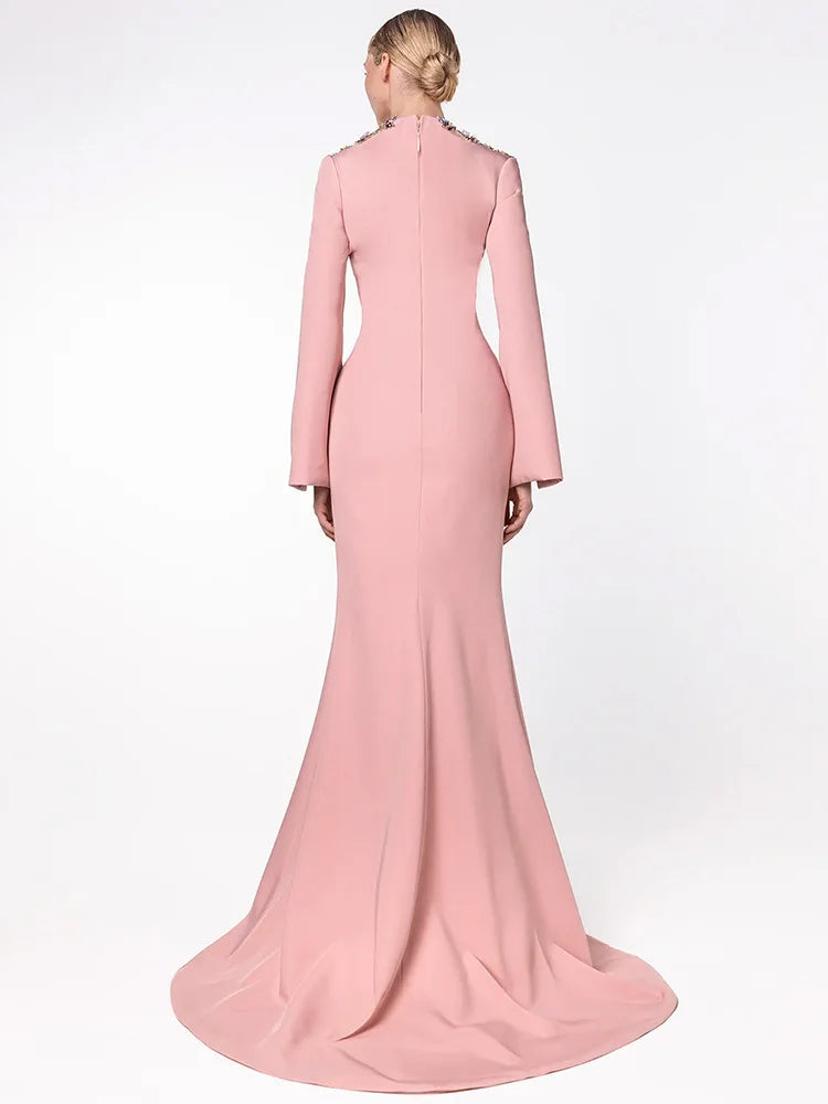 Diamond Beaded Split Maxi Dress | V-Neck Full Sleeve High Street Gown Luxegan