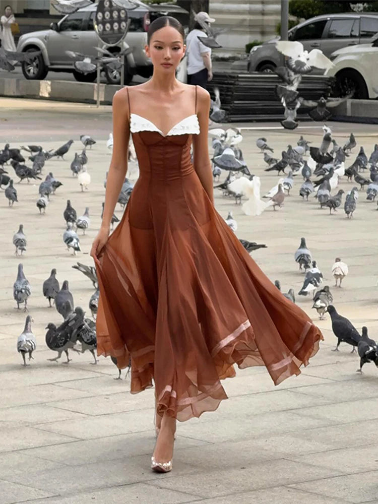 Patchwork V-Neck Spaghetti Strap Sleeveless Backless Slim Fit-and-Flare Mid-Calf Dress – Natural Waist, Zip, All Season Luxegan