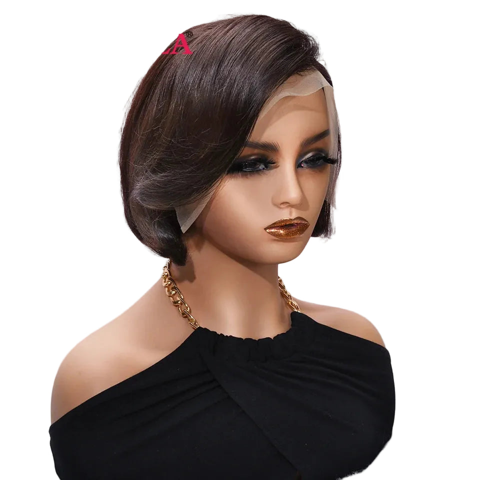 Short Pixie Cut Natural Wave Bob Wig | 13x4 HD Transparent Swiss Lace Frontal Wig | 180% Density 100% Brazilian Remy Human Hair Wig with Pre-Plucked Hairline (8-Inch) Luxegan