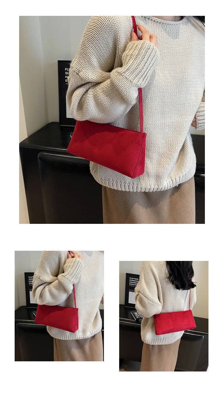 Faux Suede Solid Square Bag | Elegant French Vintage Underarm Handbag Luxegan
