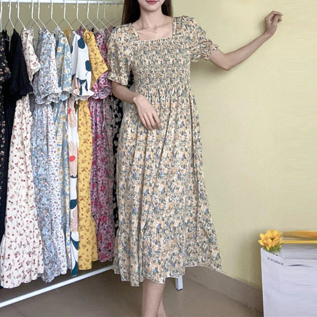 Women's Printed Chiffon Short-Sleeve Dress | Elastic-Waist Pleated A-Line Summer Dress | Slash-Neck Knee-Length Casual Slim-Fit Gown Luxegan