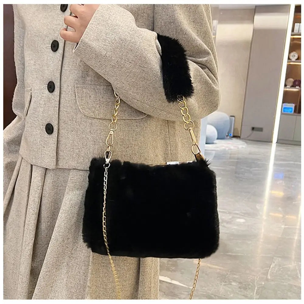 Fashion Women’s Fluffy Shoulder Bag | Sophisticated Winter Plush Underarm Bag | Elegant Solid Color Handbag with Chain Detail | Soft Handle Bag for Parties and Social Events Luxegan