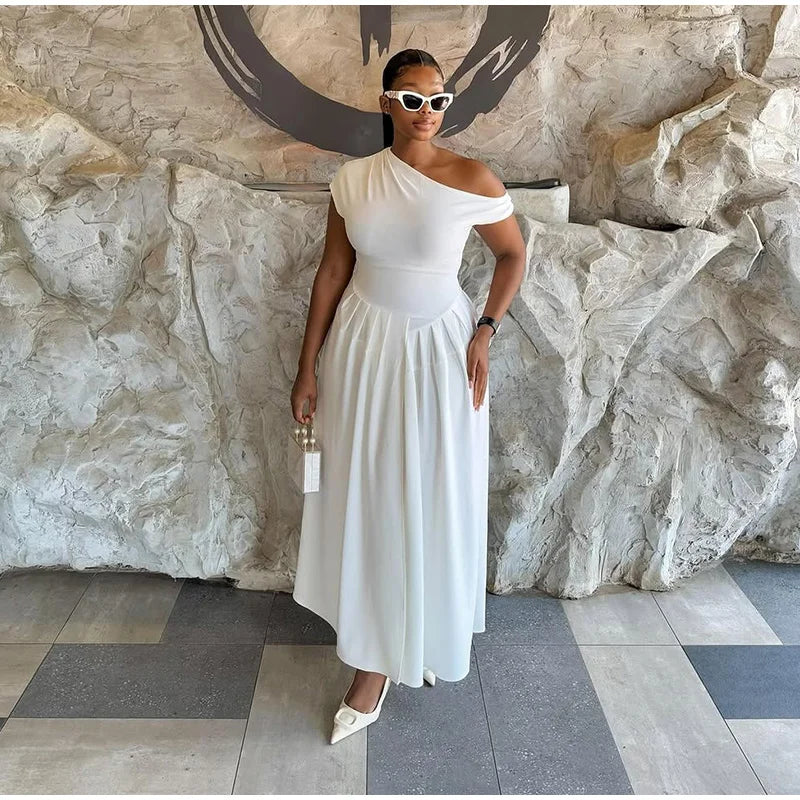 Women's Elegant Skew Collar Long Dress | Casual Summer Loose Fit Asymmetrical Midi Gown | Ruched Sleeveless Fit and Flare Robe | Premium Empire Waist Solid Dress Model Sexy Dress Women Luxegan