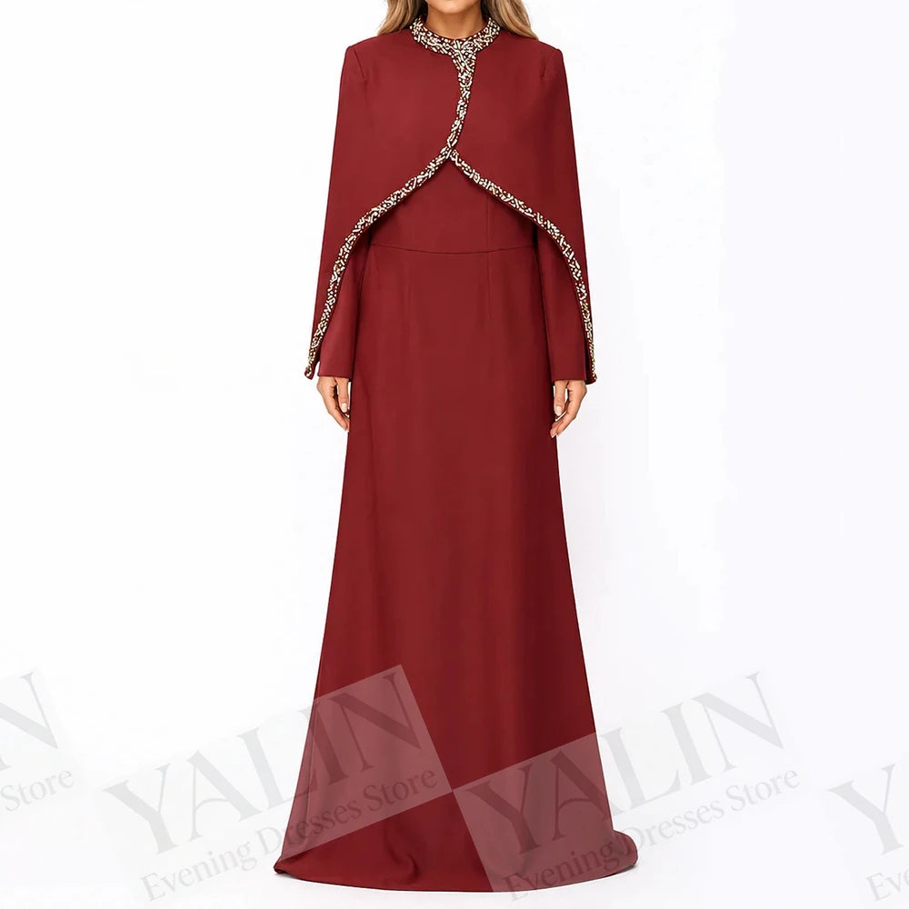 Crystal Stole A-Line Prom Gown | O-Neck Full Sleeve Floor-Length Evening Dress Luxegan