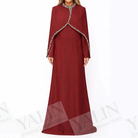 Crystal Stole A-Line Prom Gown | O-Neck Full Sleeve Floor-Length Evening Dress