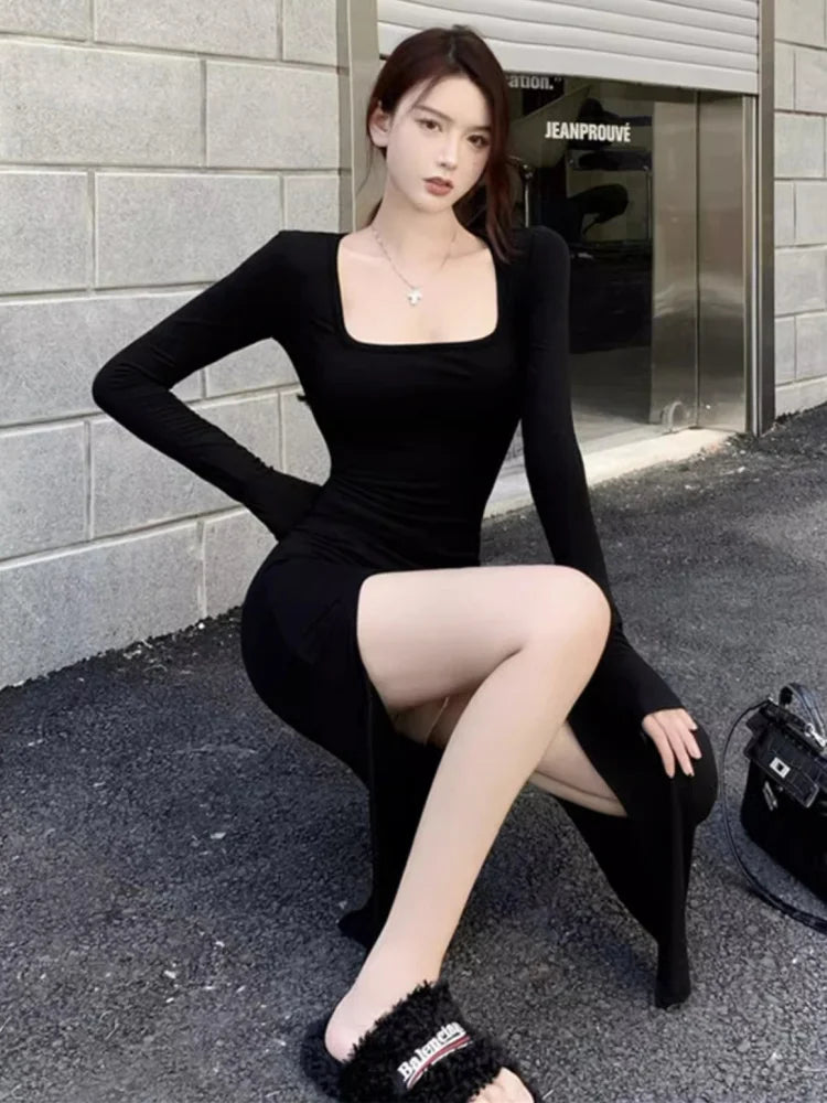 Side Slit Knit Bodycon Midi Dress | Square Neck Long Sleeve Wrap Hip Street Dress Luxegan