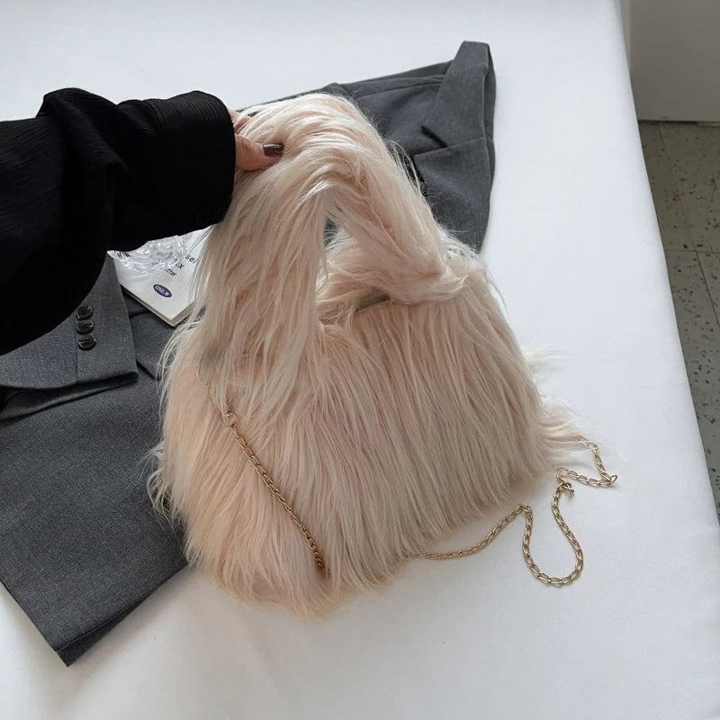Soft Plush Faux Fur Handbag | Winter Chain Crossbody & Clutch Luxegan