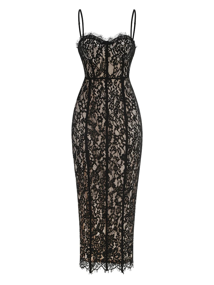 Elegant Black Floral Lace Evening Dress | Sexy V-Neck Spaghetti Strap Bodycon Dress | Slim Fit Ankle-Length Celebrity Party Gown | Premium Tatting Slight Stretch Sheath Dress Model F1459 Luxegan