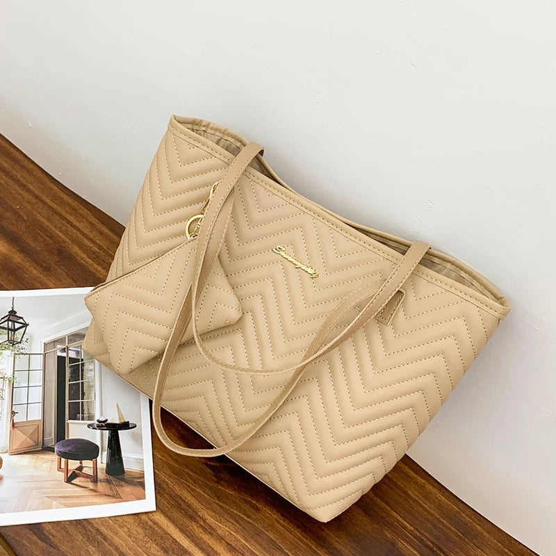 Fashion Large Capacity Wavy-Grain Tote Bag | Elegant Two-Piece Commuter Handbag | Luxury "Dignified" Structured Shoulder Bag | Versatile PU Leather Tote with Secure Zipper Closure Luxegan