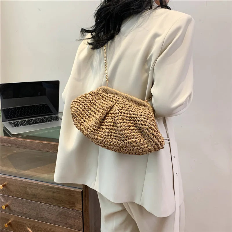 Bohemian Straw Dumpling Clutch Bag | Woven Straw Tote Purse for Women (Summer Beach Bag, Wicker Clutch) Luxegan