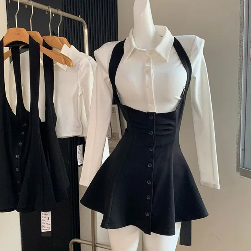 Women's Two-Piece Sexy Chic Halter Dress Set | Fashionable Polo Neck Button-Up Shirt & Slim Mini Dress | Casual Solid Color Autumn/Winter A-Line Outfit Luxegan